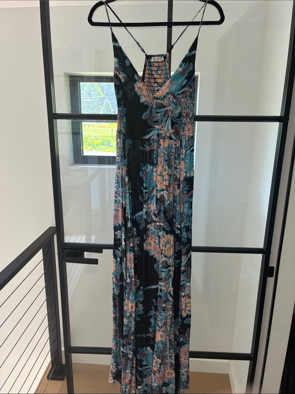 Free People Black Maxi Dress with Teal and Blush Floral Print
